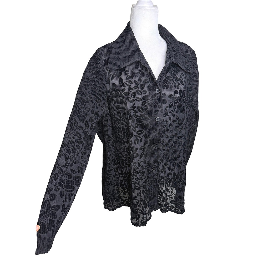 Vtg Black Sheer Burnout Blouse XXL Whimsigoth Floral Button Up Shirt Romantic